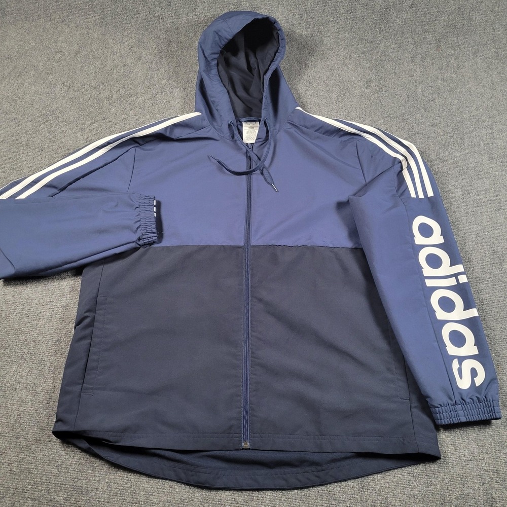 Adidas Jacket Mens Large Navy Blue Hooded Full Zip Windbreaker Training
